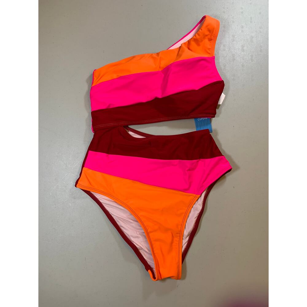 NWT Cupshe Pink Orange Red Colorblock Cutout One Piece Bathing Suit Size XS
